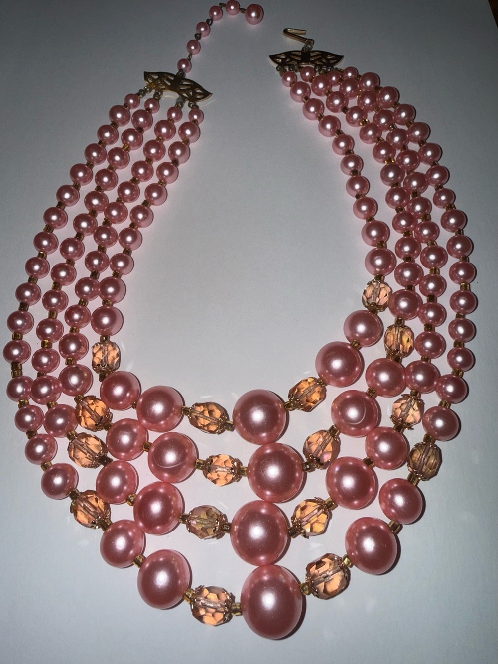 Vintage Pink 4 Strand Pearl Crystal Necklace 50s Stamped Japan seen in 60s Vogue